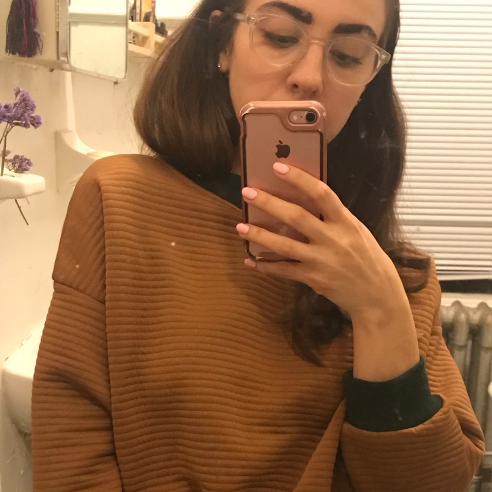 Deep Gold Tubular Cropped Sweater w Green Accent